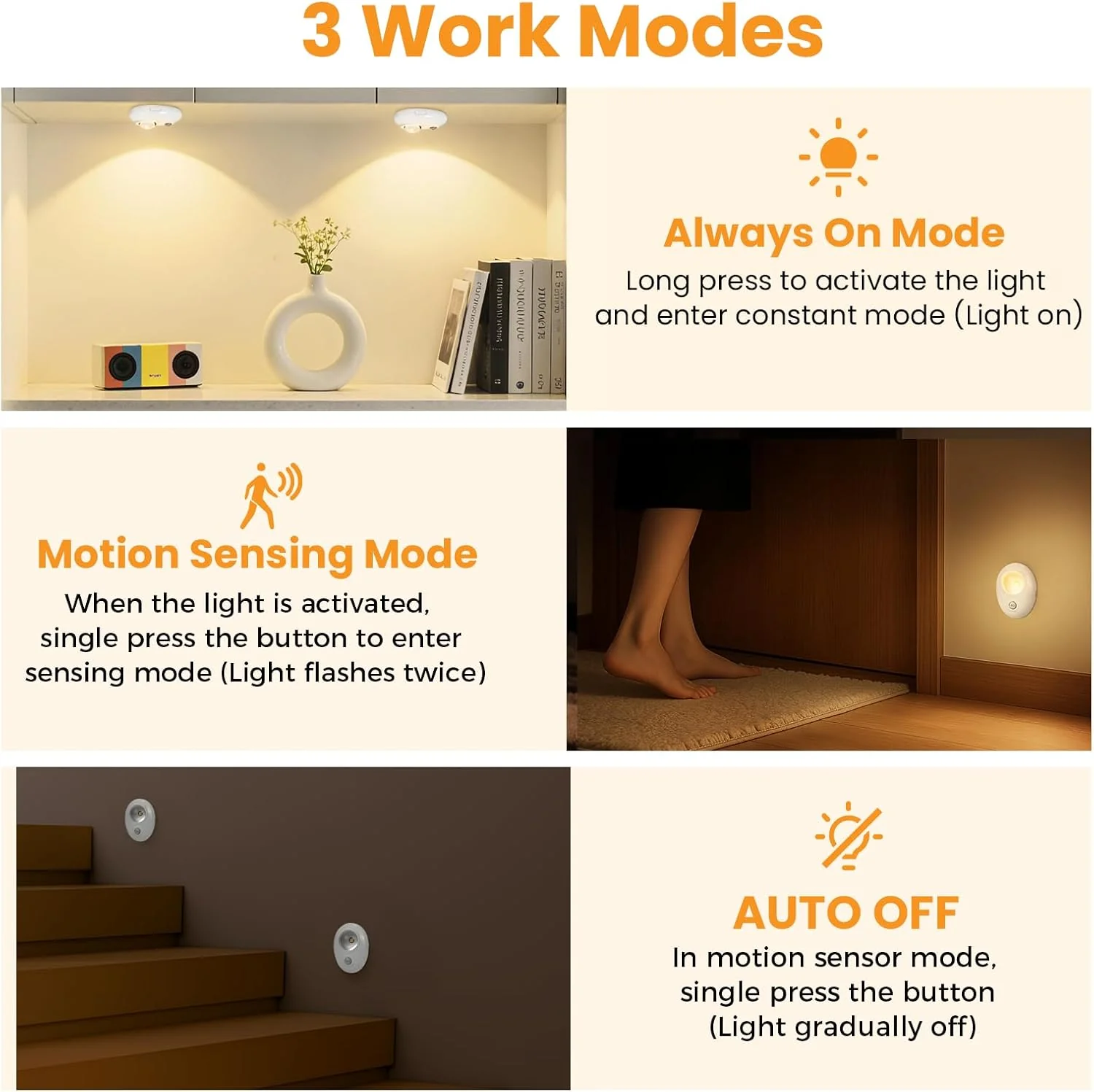4/6 Pack Rechargeable Pebble LED Closet Light | 1 LED, 3 Color Modes (3000K / 4000K / 6000K) | Motion Sensor, Tap Switch, Dimmable | White Finish | Magnetic Mounting - Image 4