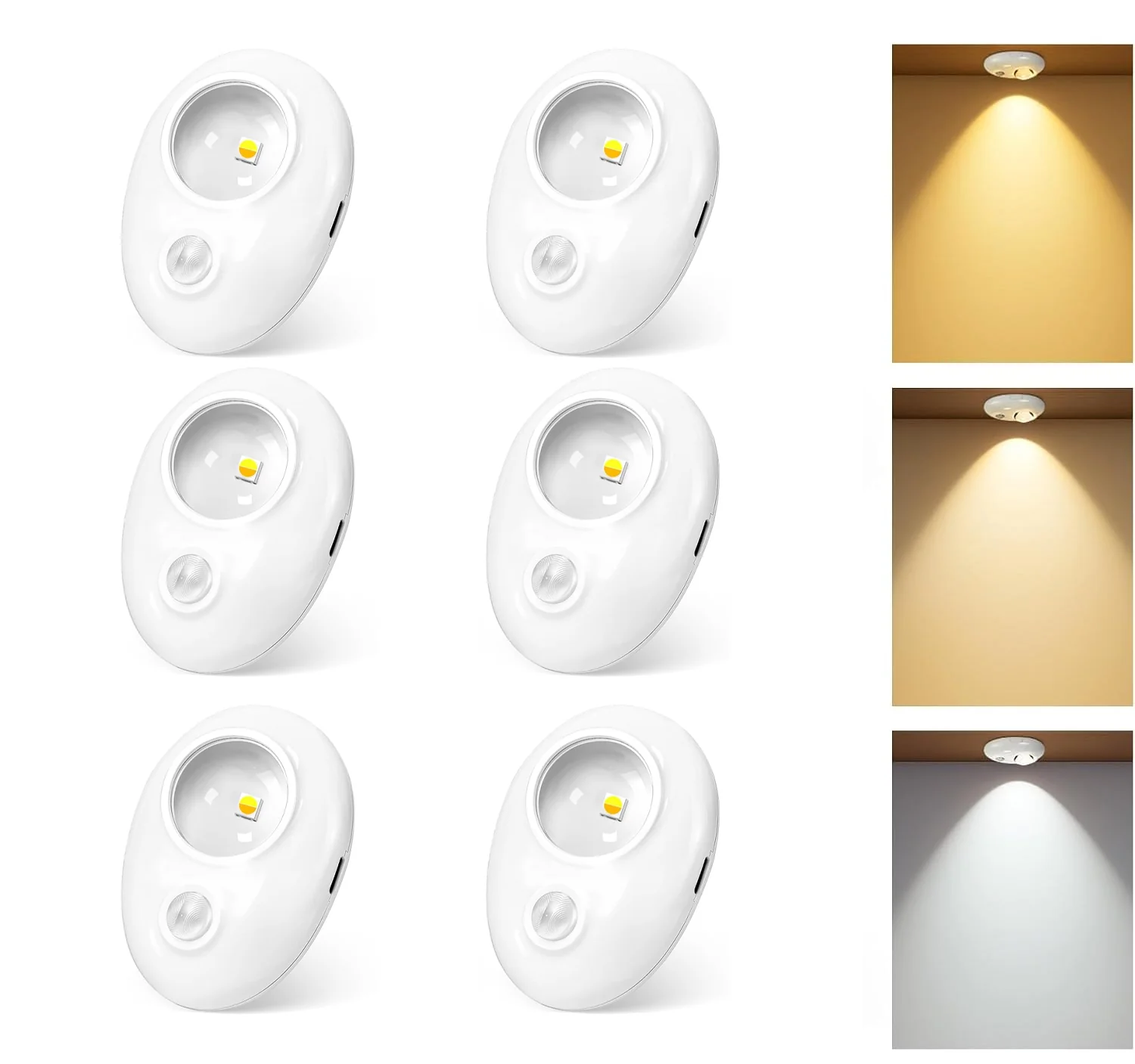 4/6 Pack Rechargeable Pebble LED Closet Light | 1 LED, 3 Color Modes (3000K / 4000K / 6000K) | Motion Sensor, Tap Switch, Dimmable | White Finish | Magnetic Mounting - Image 9