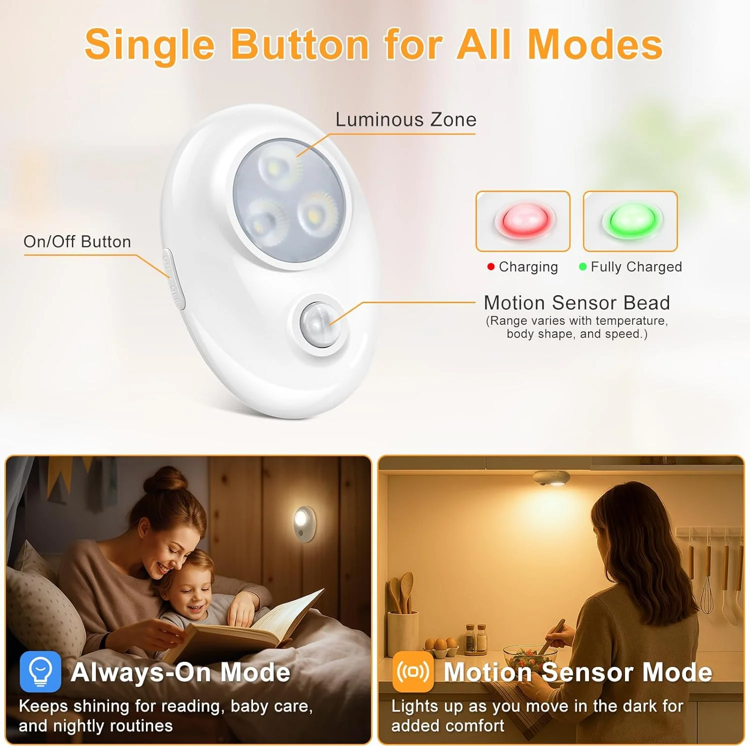 4/6 Pack Rechargeable Pebble LED Closet Light | 3 LEDs, 3 Color Modes (3000K / 4000K / 6000K) | Motion Sensor, Tap Switch, Dimmable | White Finish | Magnetic Mounting - Image 3