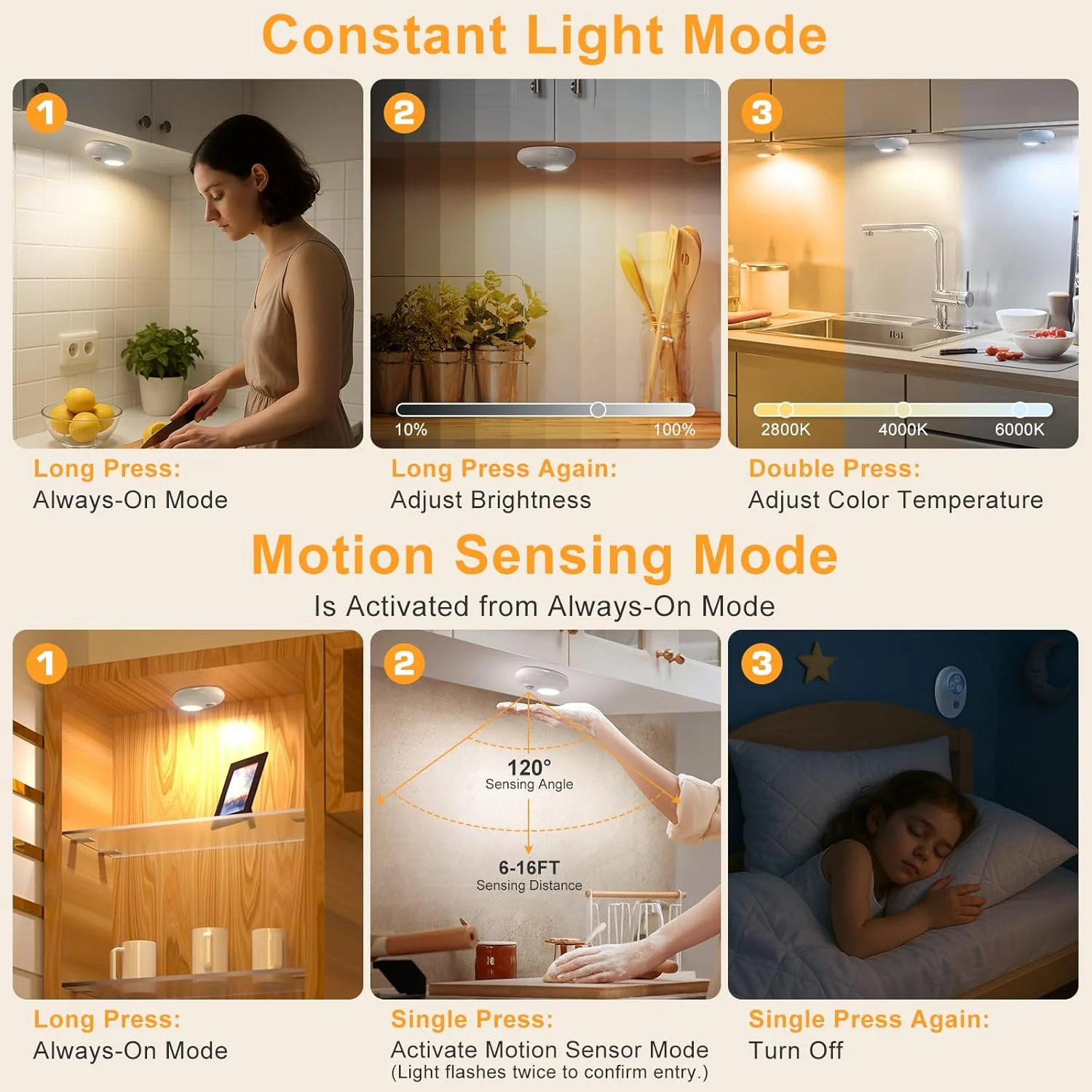 4/6 Pack Rechargeable Pebble LED Closet Light | 3 LEDs, 3 Color Modes (3000K / 4000K / 6000K) | Motion Sensor, Tap Switch, Dimmable | White Finish | Magnetic Mounting - Image 4