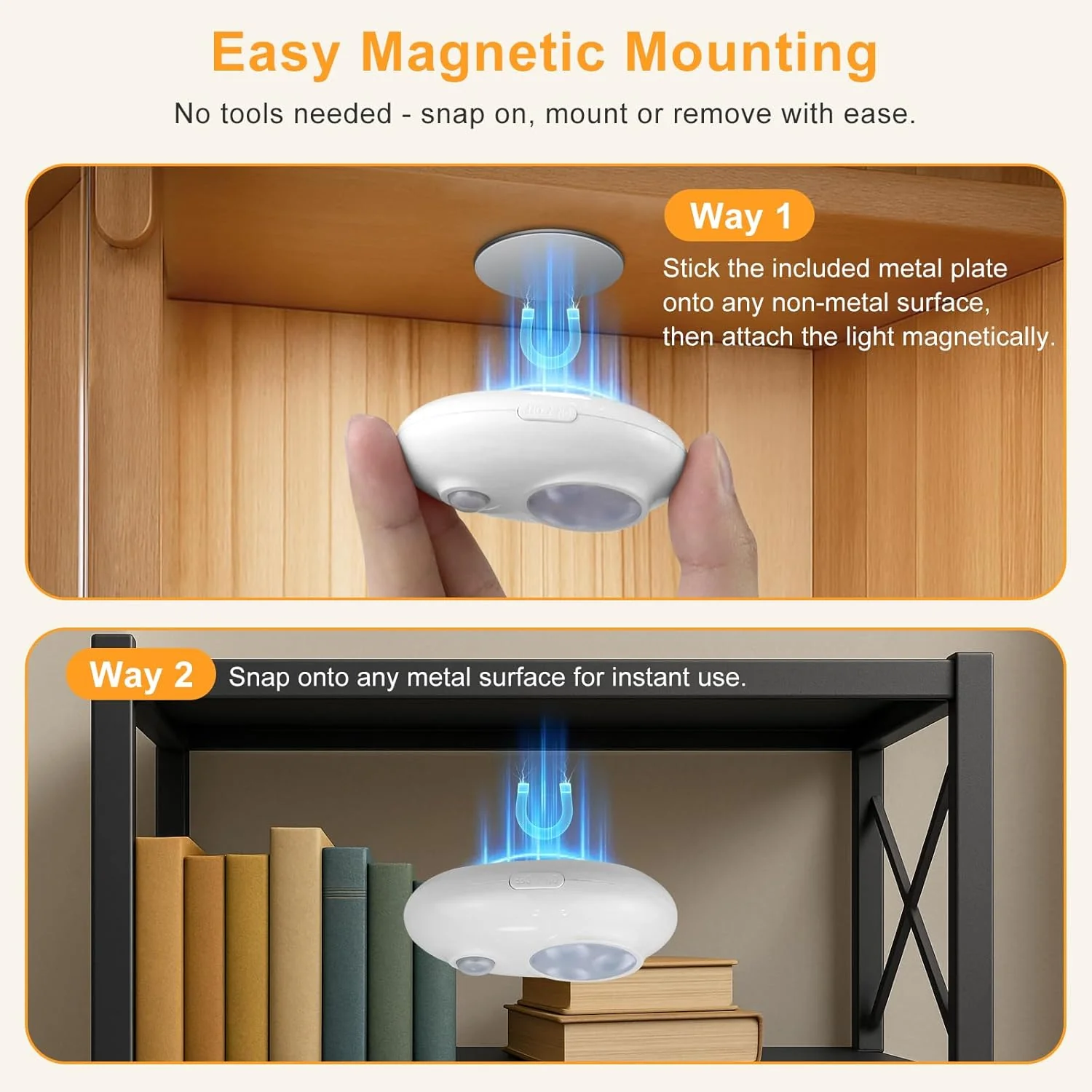 4/6 Pack Rechargeable Pebble LED Closet Light | 3 LEDs, 3 Color Modes (3000K / 4000K / 6000K) | Motion Sensor, Tap Switch, Dimmable | White Finish | Magnetic Mounting - Image 6