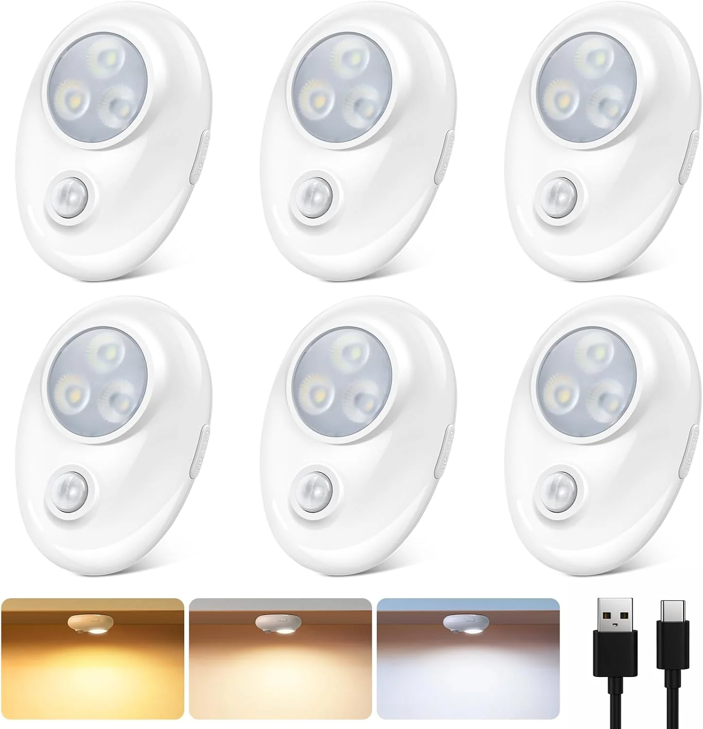 4/6 Pack Rechargeable Pebble LED Closet Light | 3 LEDs, 3 Color Modes (3000K / 4000K / 6000K) | Motion Sensor, Tap Switch, Dimmable | White Finish | Magnetic Mounting - Image 8