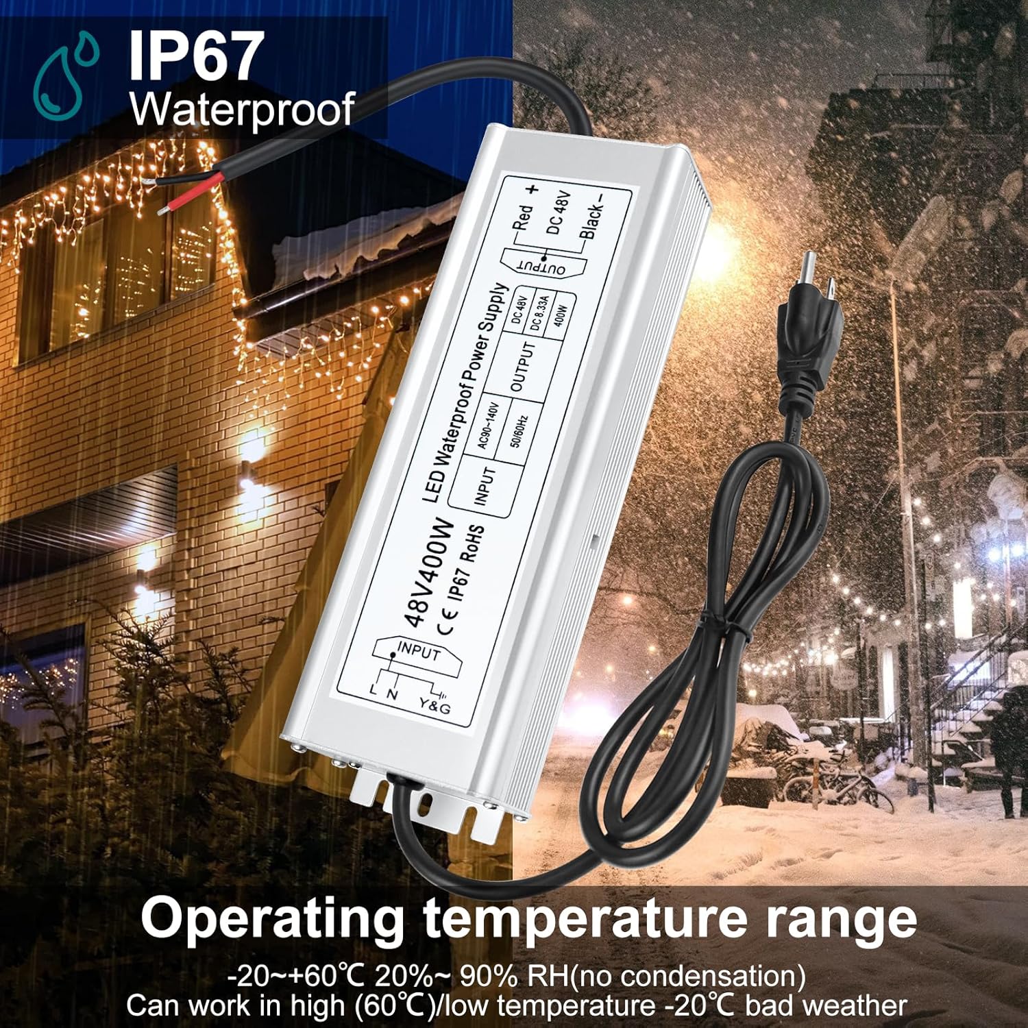 48V Waterproof LED Power Supply 60W–80W, 90–265V AC Input, Single Output Transformer, IP67 SMPS, CE/RoHS/FCC — US/UK/EU Plug & Wire Leads Options - Image 4