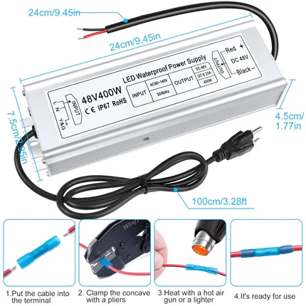 48V LED Power Supply, 175–265V Input, 100W–400W, Constant Voltage Transformer, IP67 Waterproof SMPS, CE/RoHS/FCC — UK/EU Plug & Wire Leads Options - Image 3