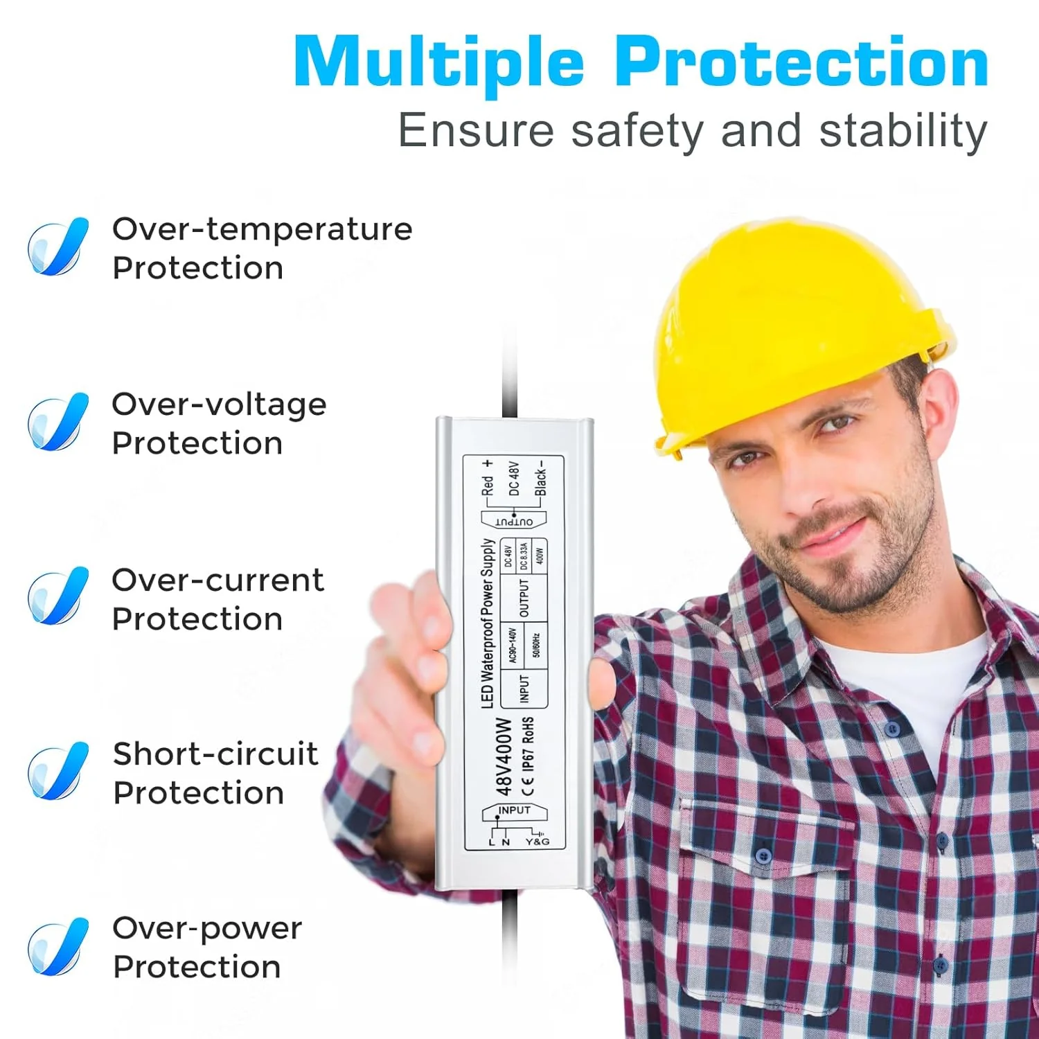 48V Waterproof LED Power Supply 60W–80W, 90–265V AC Input, Single Output Transformer, IP67 SMPS, CE/RoHS/FCC — US/UK/EU Plug & Wire Leads Options - Image 3