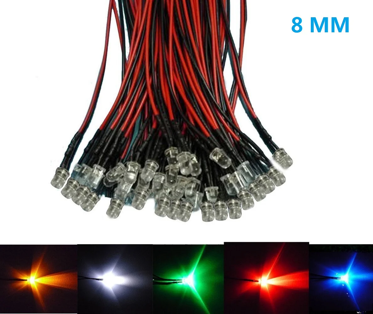 50pcs Pack 8mm LED Pre Wired light 3V/6V/12V 20cm F10 Straw Hat Round Top Bulbs Light Lamp for DIY Car Boat Toys Party lighting Project