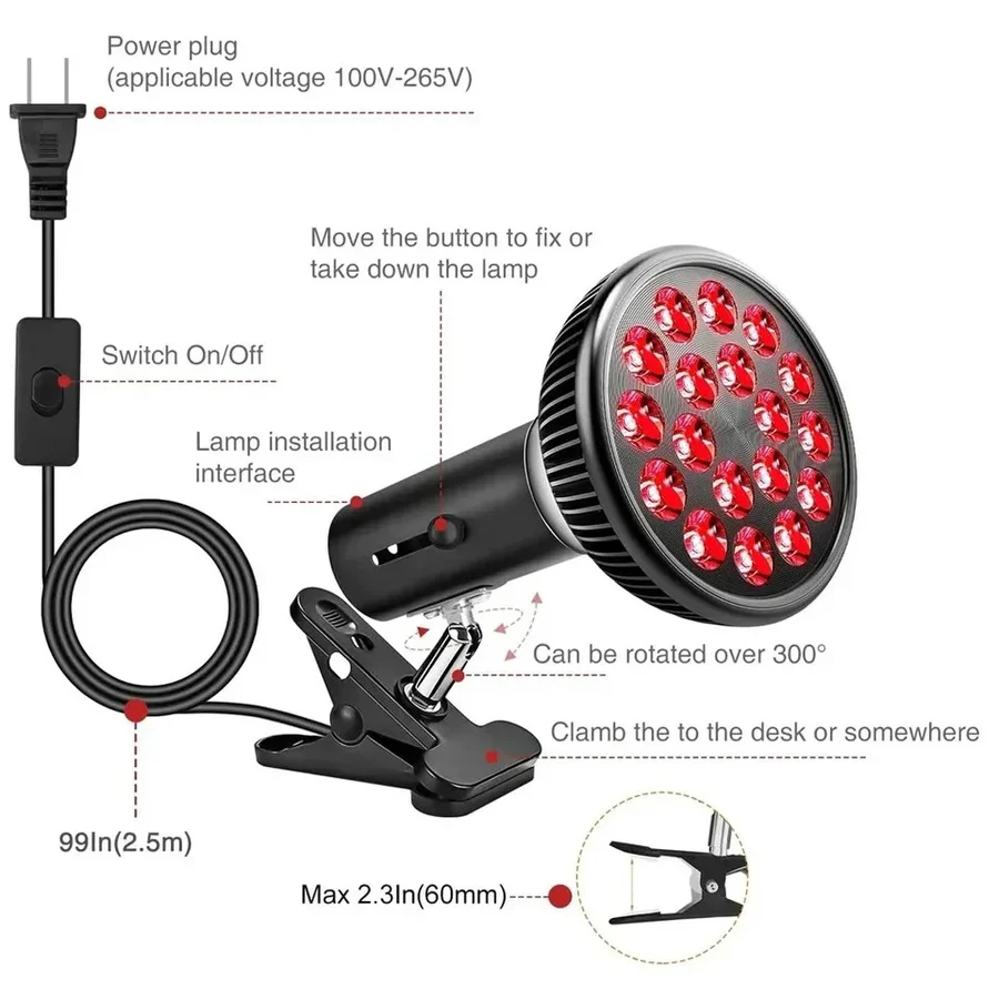 54W PAR38 Infrared Therapy LED Bulb – Dual Chip Red Light 660nm & Near Infrared 850nm | E26 / E27 Base | With / Without Desktop Clamp | US / EU Plug | Plug-In Red Light Therapy Lamp for Skin Beauty, Muscle & Joint Pain Relief - Image 10