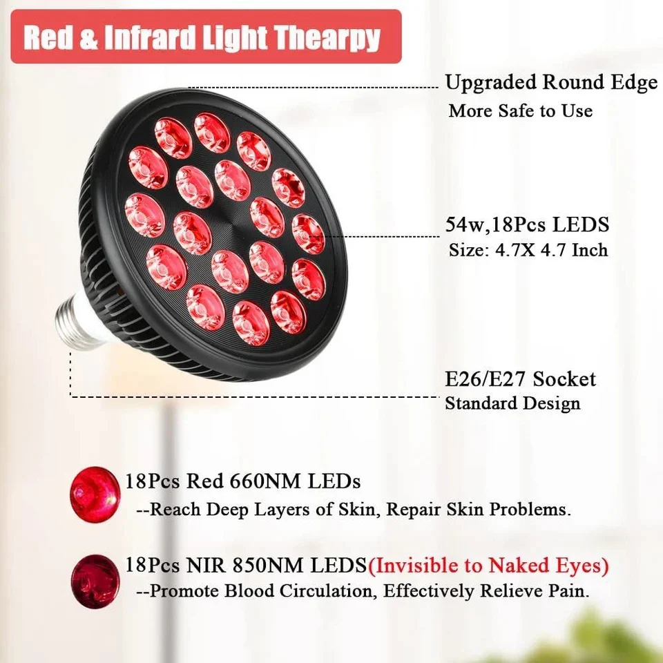 54W PAR38 Infrared Therapy LED Bulb – Dual Chip Red Light 660nm & Near Infrared 850nm | E26 / E27 Base | With / Without Desktop Clamp | US / EU Plug | Plug-In Red Light Therapy Lamp for Skin Beauty, Muscle & Joint Pain Relief - Image 5