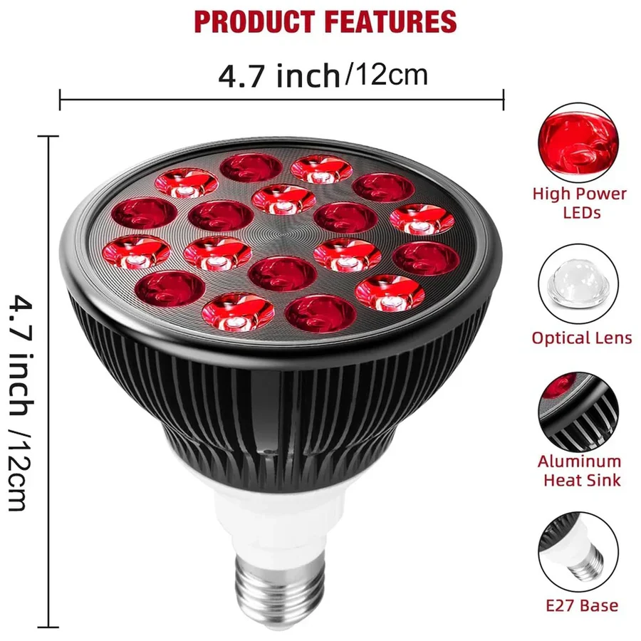 54W PAR38 Infrared Therapy LED Bulb – Dual Chip Red Light 660nm & Near Infrared 850nm | E26 / E27 Base | With / Without Desktop Clamp | US / EU Plug | Plug-In Red Light Therapy Lamp for Skin Beauty, Muscle & Joint Pain Relief - Image 9