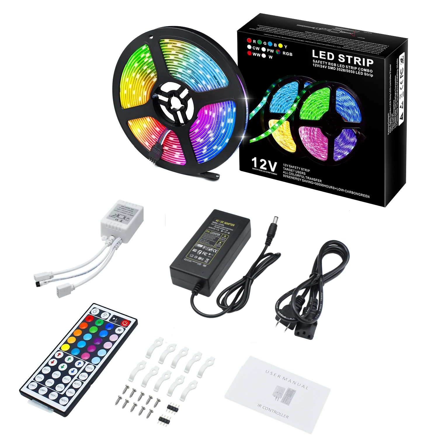 5M/10M SMD5050 RGB LED Strip Light Kit - DC12V | 30 / 60LEDs/M | 10mm PCB | IP00 / IP65 | 5M /10M | RGB Color Changing LED Strip Lights with Alexa, Google Assistant | 24/ 44 Keys Controller + Power Supply