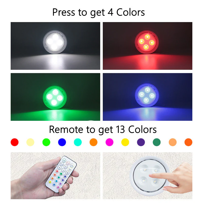 6 Pack LED Puck Lights with Remote, White Finish RGBW Color Changing Under Cabinet Lights Wireless,13 Colors Changeable LED Closet Light Dimmable,AA Battery Operate Push Night Lights with Timer Function - Image 3