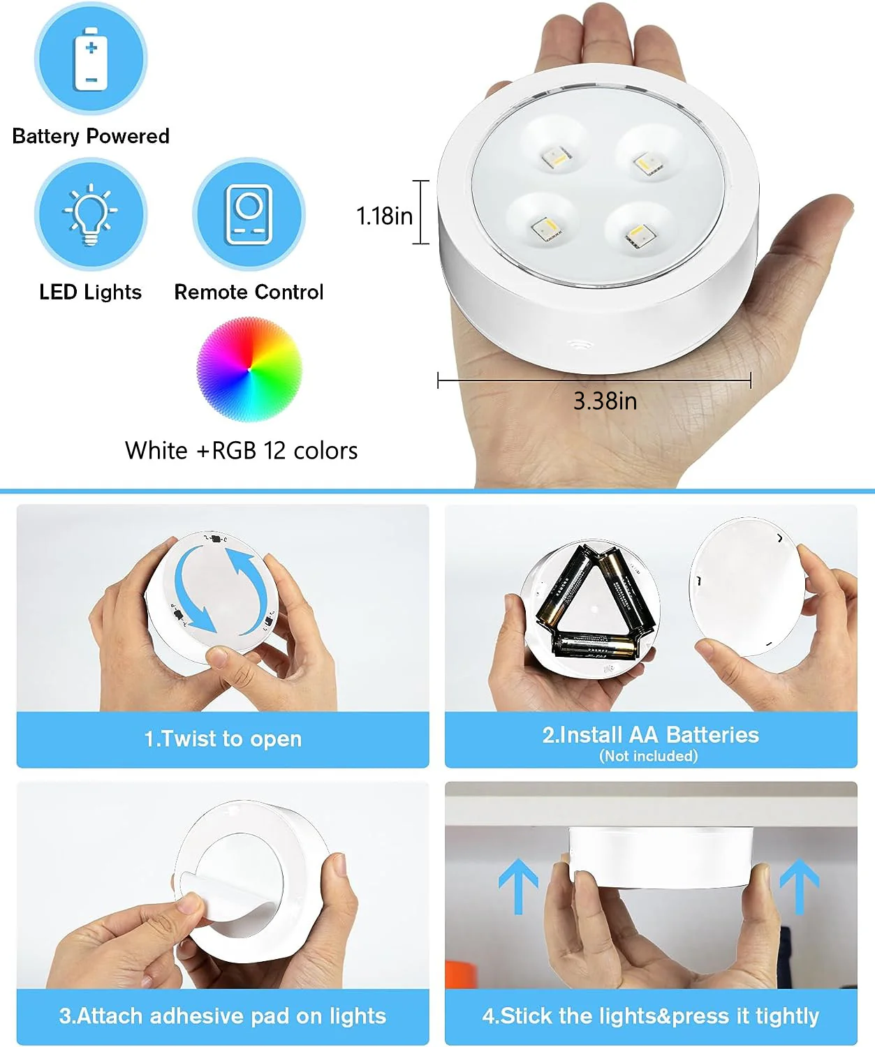 6 Pack LED Puck Lights with Remote, White Finish RGBW Color Changing Under Cabinet Lights Wireless,13 Colors Changeable LED Closet Light Dimmable,AA Battery Operate Push Night Lights with Timer Function - Image 6