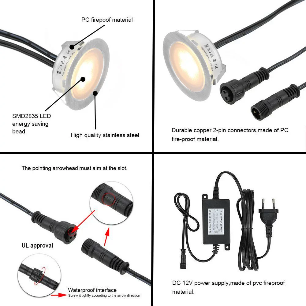 6-Pack Recessed LED Deck Lights – 1.5W Each | Warm White / Natural White  | AC100–265V Input with Power Adapter | US / EU / UK / AU Plug Options | IP67 Waterproof Inground Step Lights Kit for Deck, Garden, Yard, Stairs & Pathway Lighting - Image 3