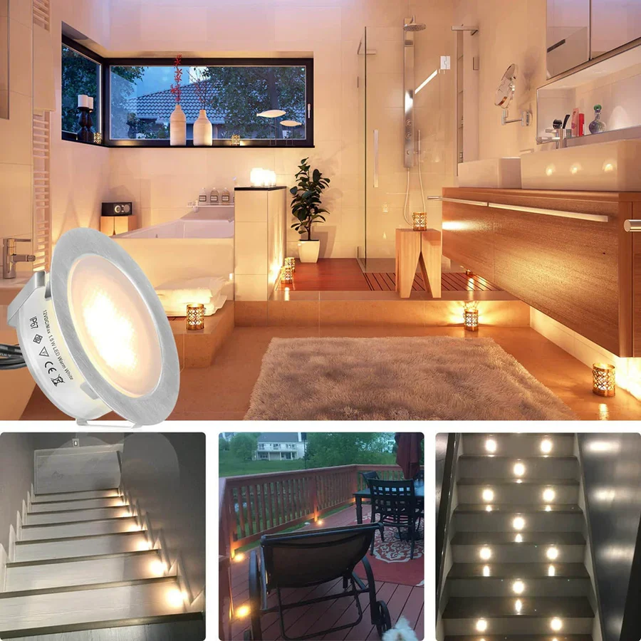 6-Pack Recessed LED Deck Lights – 1.5W Each | Warm White / Natural White  | AC100–265V Input with Power Adapter | US / EU / UK / AU Plug Options | IP67 Waterproof Inground Step Lights Kit for Deck, Garden, Yard, Stairs & Pathway Lighting - Image 4