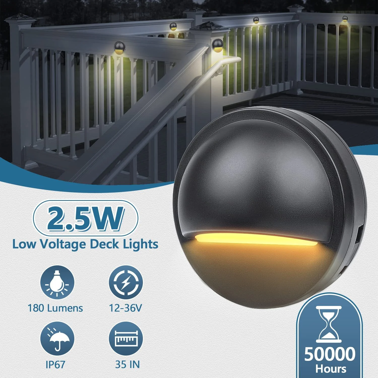 Low Voltage LED Deck Lights - 2.5W | 3000K / 4000K | AC/DC 12–36V | IP67 Waterproof | Outdoor Lights for Walkway Stair Post Railing | 6 /12-Pack - Image 2