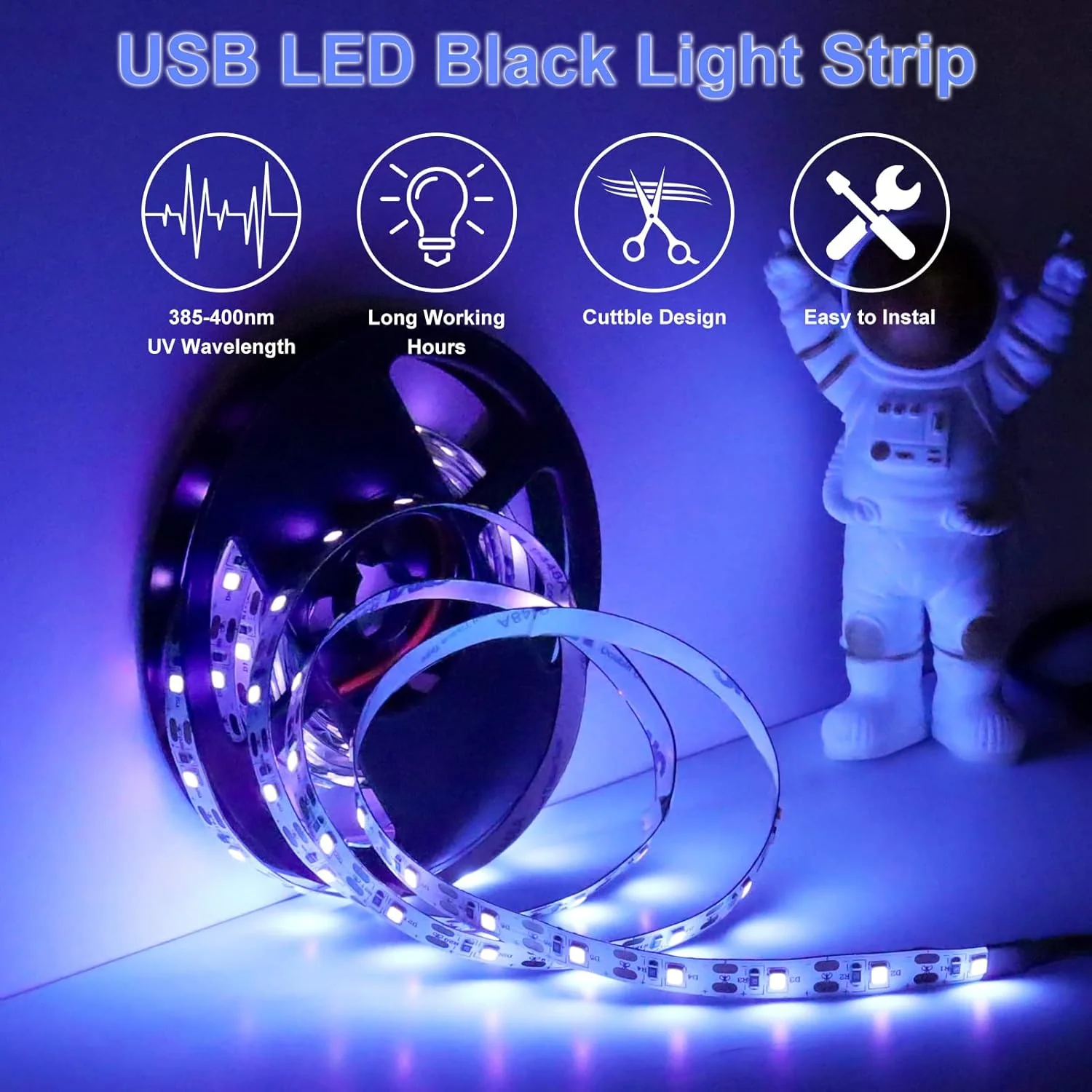 8.2FT UV Black Light LED Strip – SMD3528 | 380–400nm | USB Powered UV Light Strip with Battery Box | Non-Waterproof | For Fluorescent Party, Body Paint, Glow Decoration (2 Pack) - Image 2