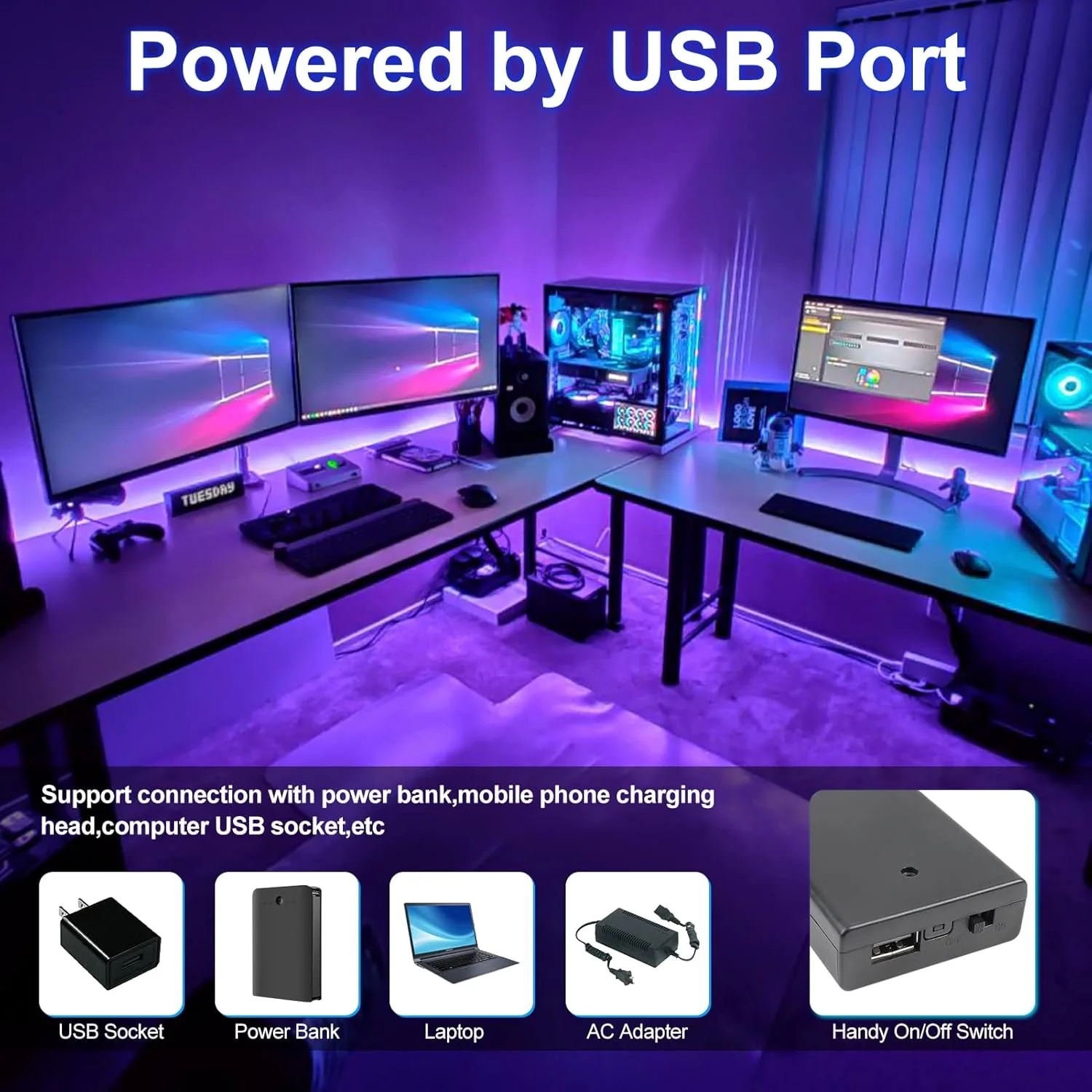 8.2FT UV Black Light LED Strip – SMD3528 | 380–400nm | USB Powered UV Light Strip with Battery Box | Non-Waterproof | For Fluorescent Party, Body Paint, Glow Decoration (2 Pack) - Image 4
