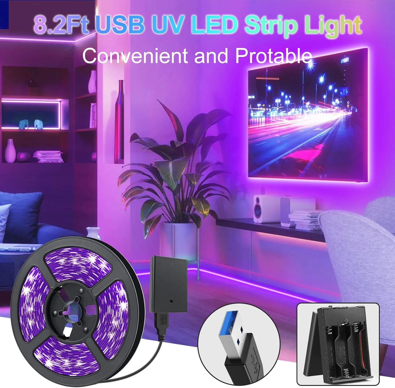 8.2FT UV Black Light LED Strip – SMD3528 | 380–400nm | USB Powered UV Light Strip with Battery Box | Non-Waterproof | For Fluorescent Party, Body Paint, Glow Decoration (2 Pack) - Image 5