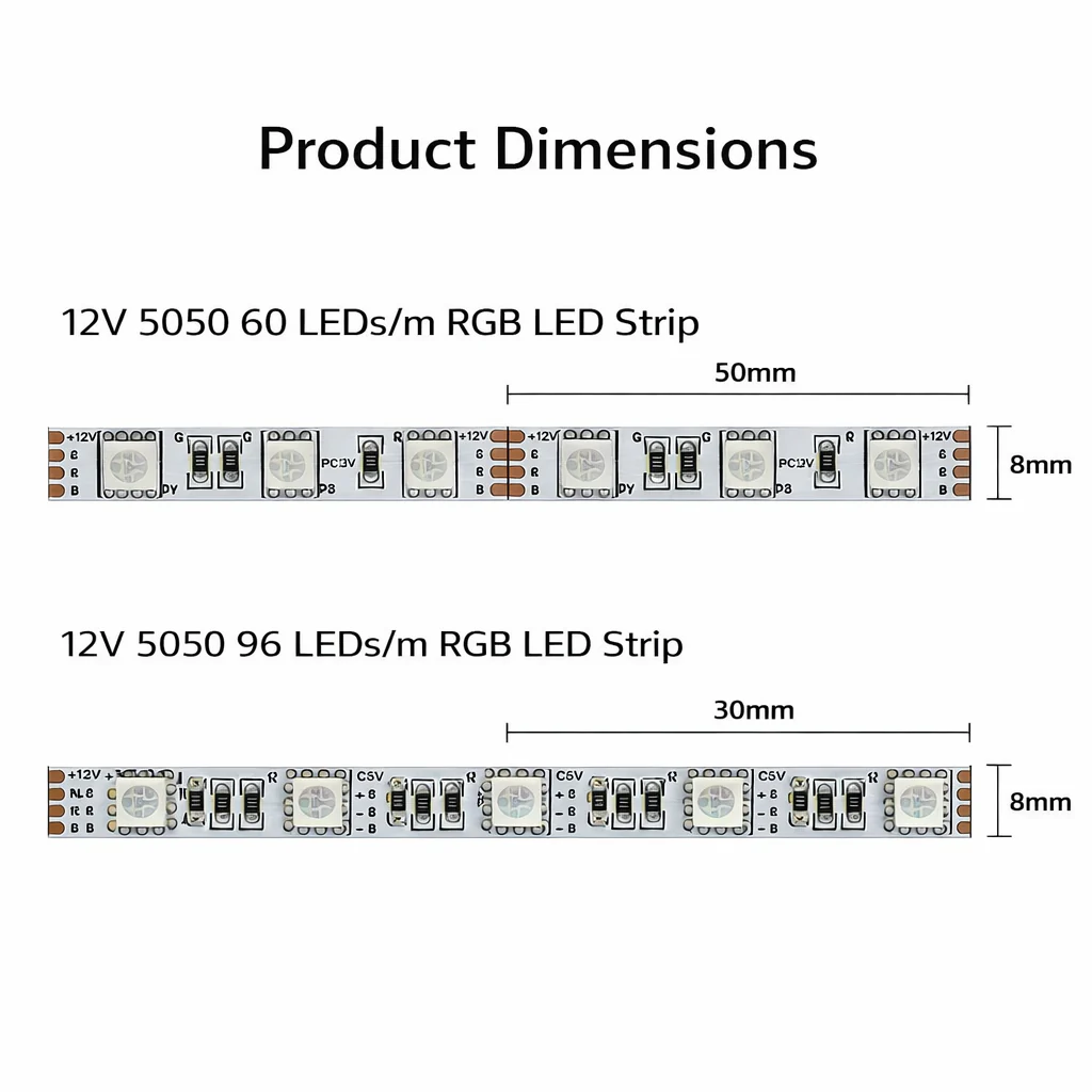 8MM Wide SMD5050 RGB LED Strip Light - DC12V | 60 LEDs/M | 8mm PCB | Non-Waterproof | for Mirror, Kitchen Cabinet, Bedroom | 5/50M - Image 2