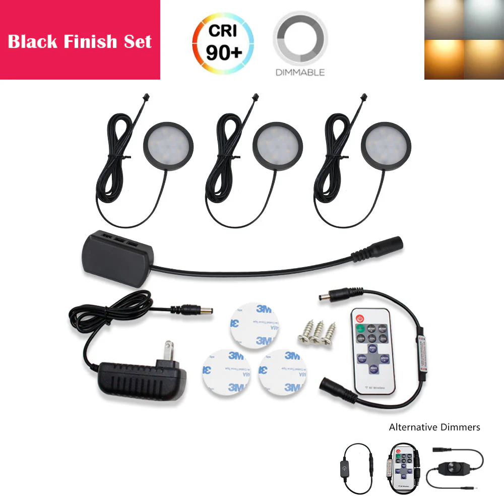 A-Series 3 Pack (3*2W) Dimmable CRI 90 Ultra Thin LED Under Cabinet Puck Lights With Dimmer & Power Adapter, All Accessories Included - Image 4