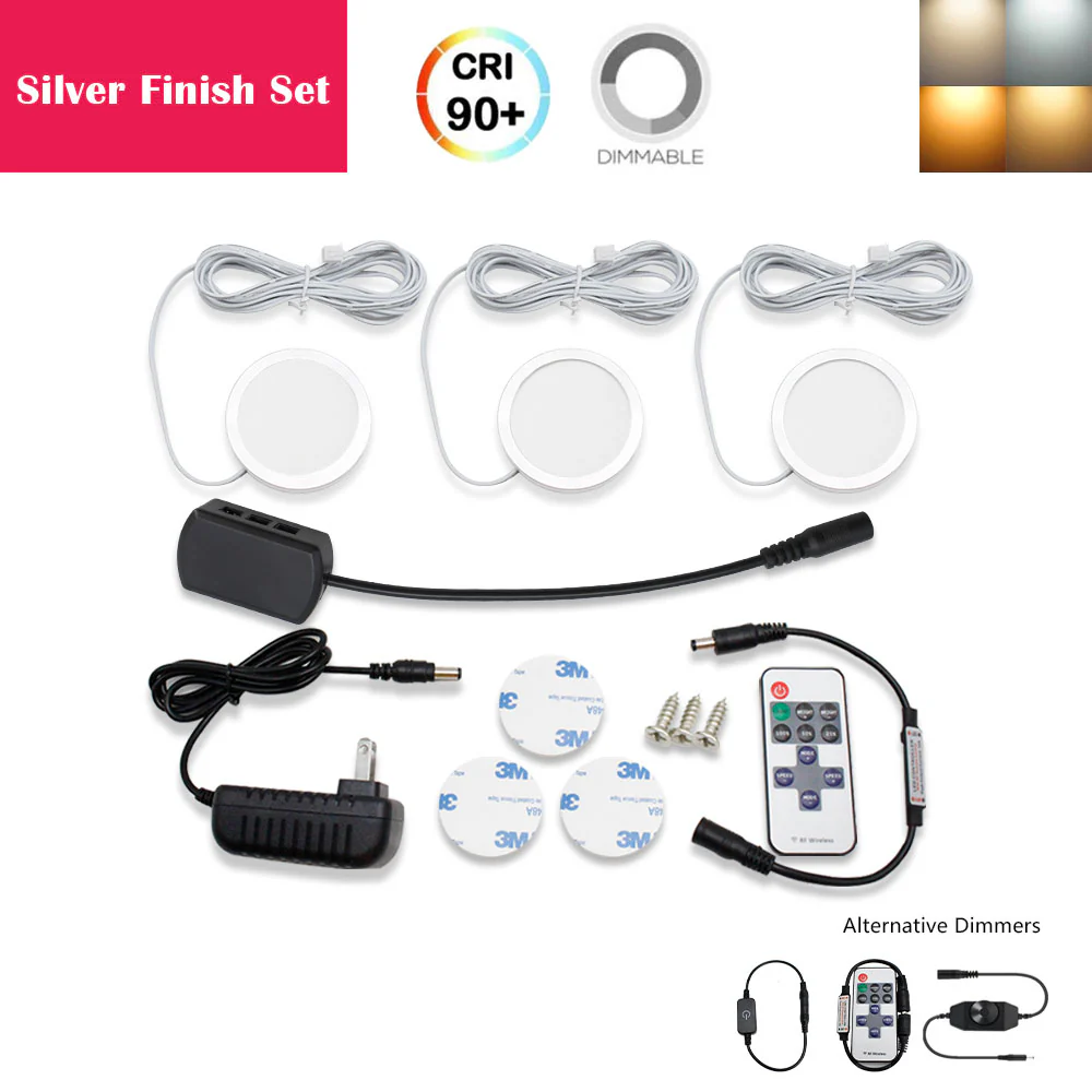 A-Series 3 Pack (3*2W) Dimmable CRI 90 Ultra Thin LED Under Cabinet Puck Lights With Dimmer & Power Adapter, All Accessories Included - Image 5