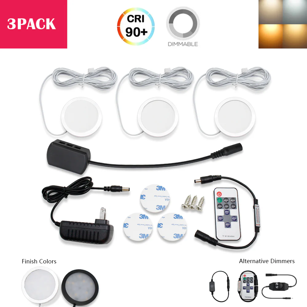 A-Series 3 Pack (3*2W) Dimmable CRI 90 Ultra Thin LED Under Cabinet Puck Lights With Dimmer & Power Adapter, All Accessories Included - Image 8