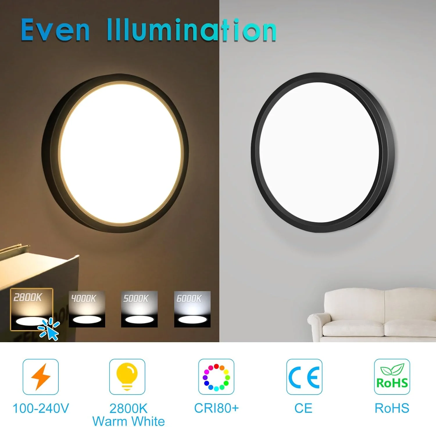 AC 220–240V Round LED Ceiling Light – Black – 12W / 18W / 24W / 32W Options – 3000K / 4500K / 5000K / 6500K – Flush Mount Ceiling Light – Local Stock (UK/DE) - Image 10