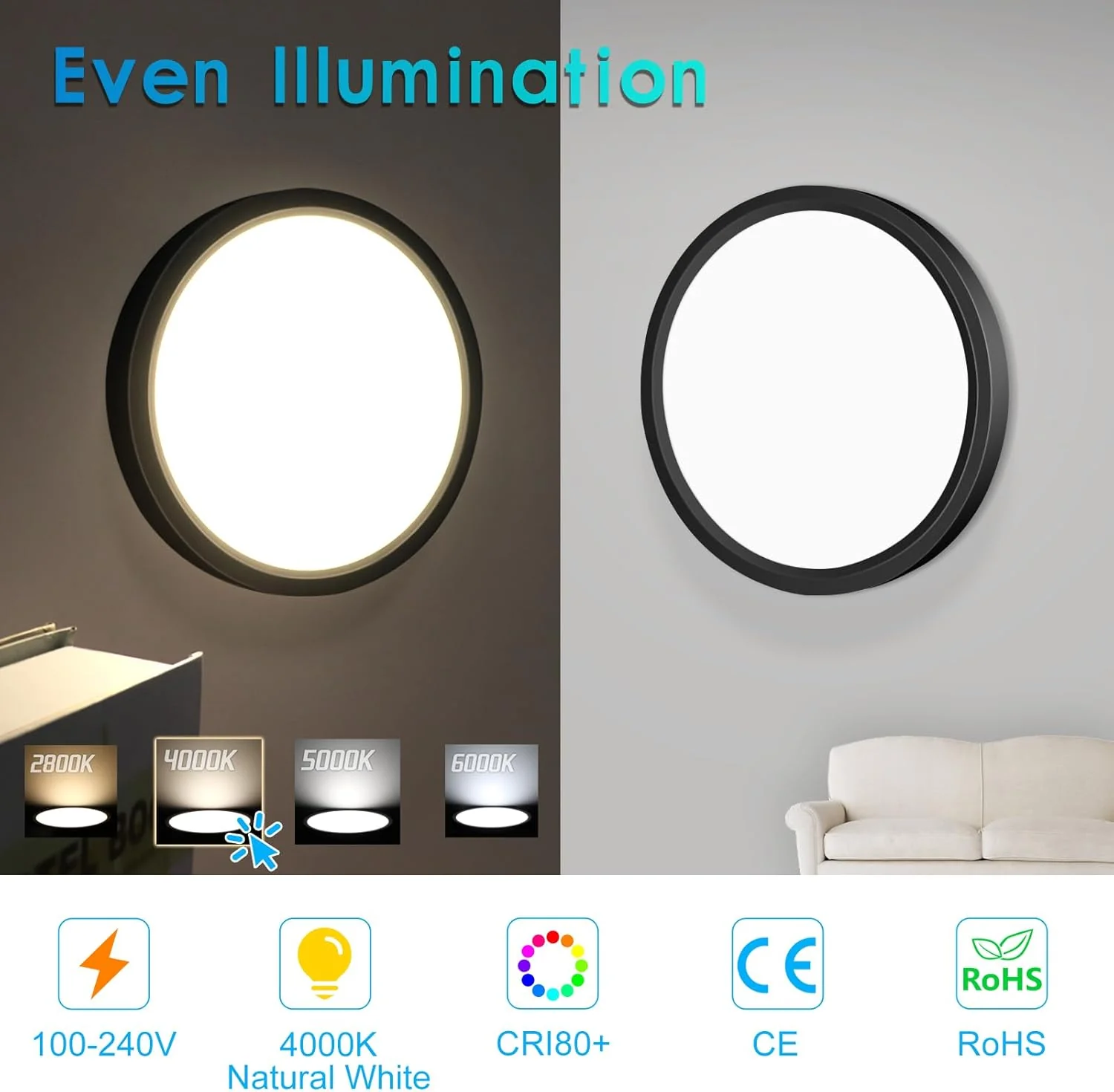 AC 220–240V Round LED Ceiling Light – Black – 12W / 18W / 24W / 32W Options – 3000K / 4500K / 5000K / 6500K – Flush Mount Ceiling Light – Local Stock (UK/DE) - Image 11