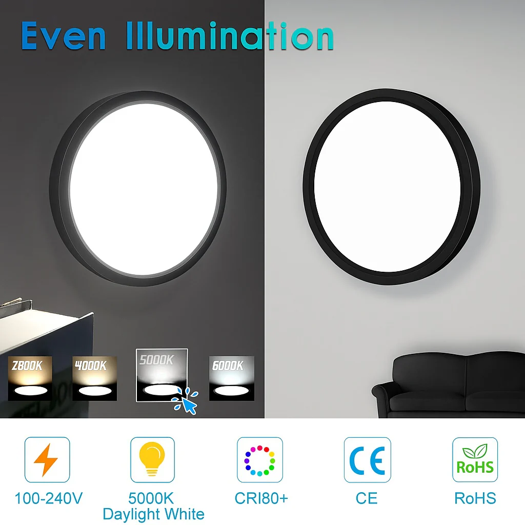 AC 220–240V Round LED Ceiling Light – Black – 12W / 18W / 24W / 32W Options – 3000K / 4500K / 5000K / 6500K – Flush Mount Ceiling Light – Local Stock (UK/DE) - Image 12