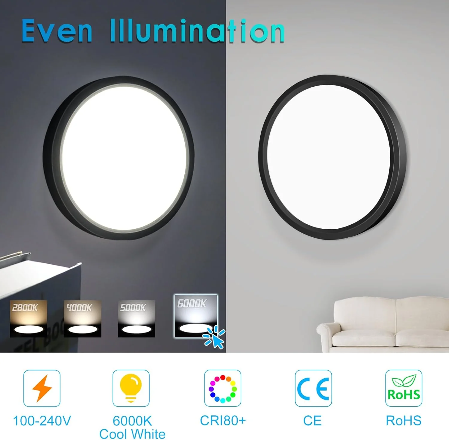 AC 220–240V Round LED Ceiling Light – Black – 12W / 18W / 24W / 32W Options – 3000K / 4500K / 5000K / 6500K – Flush Mount Ceiling Light – Local Stock (UK/DE) - Image 13