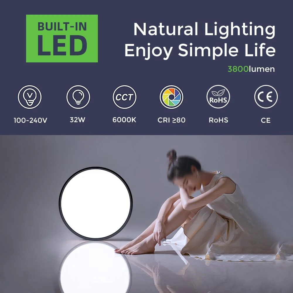 AC 220–240V Round LED Ceiling Light – Black – 12W / 18W / 24W / 32W Options – 3000K / 4500K / 5000K / 6500K – Flush Mount Ceiling Light – Local Stock (UK/DE) - Image 25