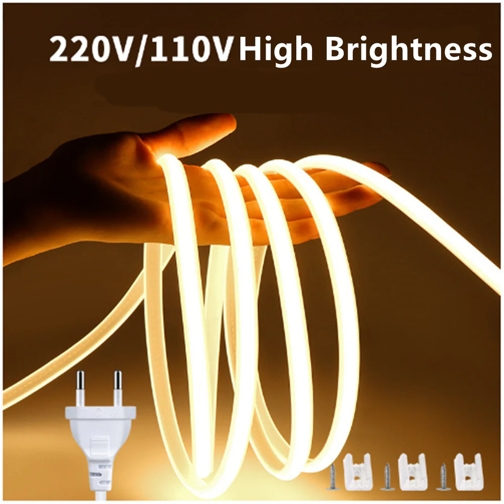 AC110V / 220V COB Flexible LED Strip Light - 3000K / 6500K | IP65 Waterproof | Spotless High Brightness | Inline Power Switch | for Cabinets, Kitchen & Office Lighting | US / EU Plug | 5/50M - Image 3