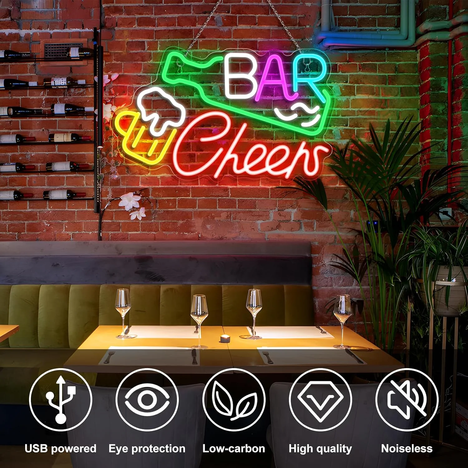 Bar Cheers LED Sign – 16.1× 9.8 inch | Multi-Color Glow | USB Powered | Hanging | Ideal for Bar, Pub, Lounge, Nightclub, Party Mood Lighting - Image 4