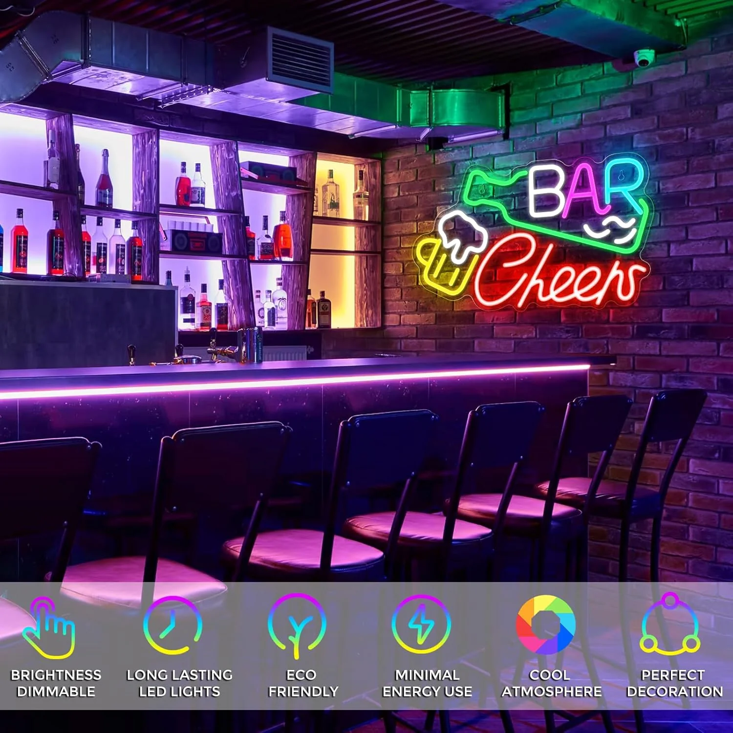 Bar Cheers LED Sign – 16.1× 9.8 inch | Multi-Color Glow | USB Powered | Hanging | Ideal for Bar, Pub, Lounge, Nightclub, Party Mood Lighting - Image 7