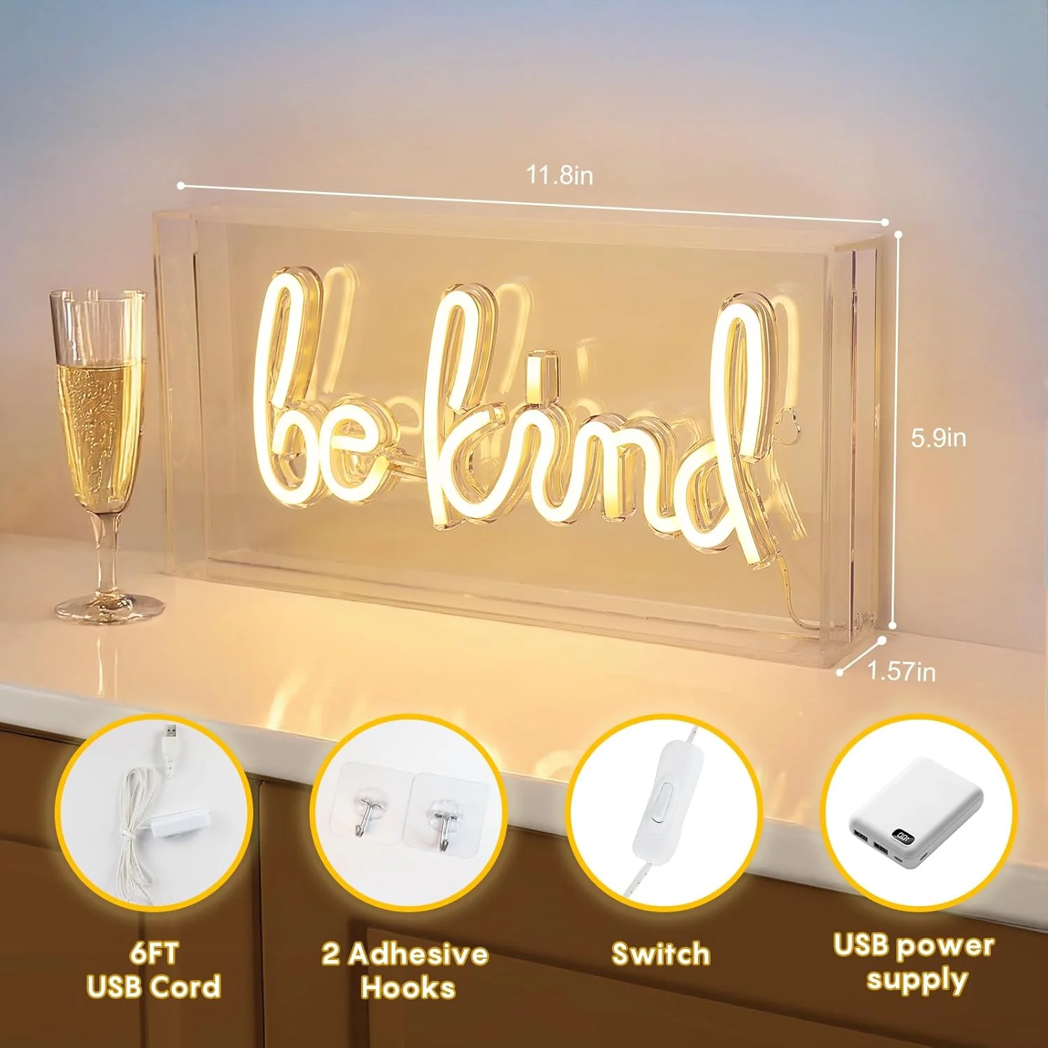 BE KIND Desk Lightbox Sign – Rectangular 12x6 inch | Warm White/ Pink | USB Powered | Tabletop Display | For Girls' Room, Bedroom, Pub, Hotel, Beach, Cock - Image 3
