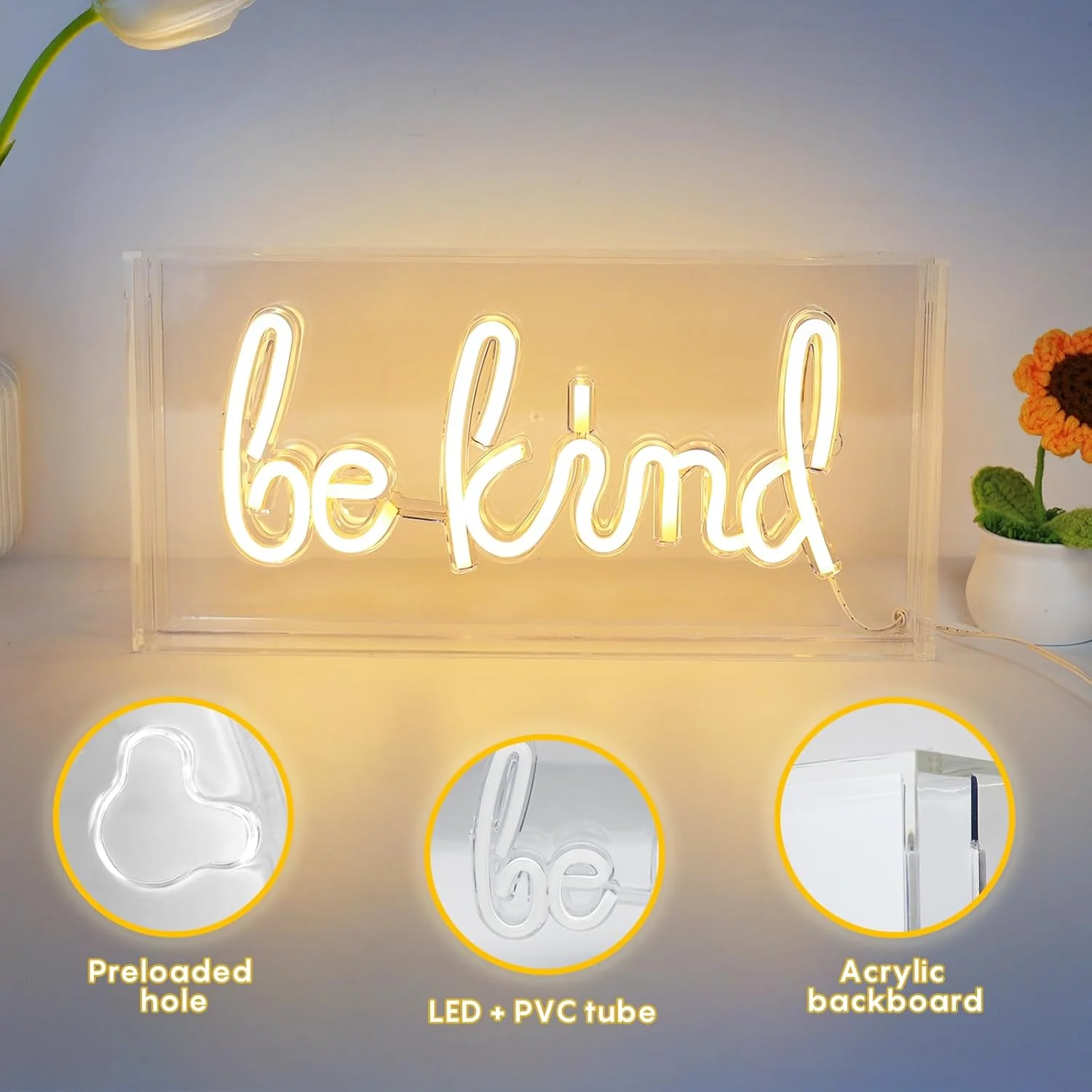 BE KIND Desk Lightbox Sign – Rectangular 12x6 inch | Warm White/ Pink | USB Powered | Tabletop Display | For Girls' Room, Bedroom, Pub, Hotel, Beach, Cock - Image 4