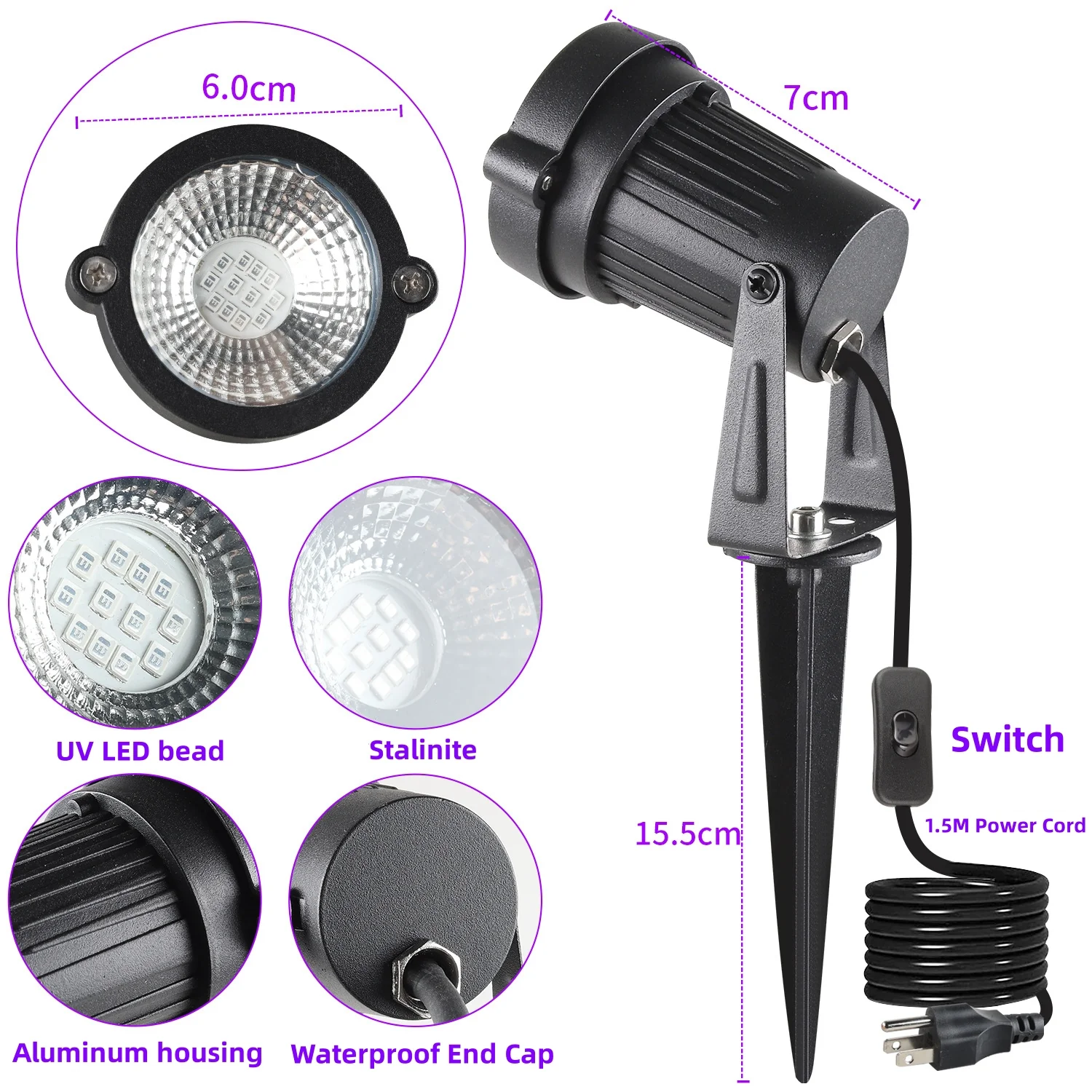 2Pack Black Light 12W AC85-265V IP66 Waterproof UV 395-400nm Purple Led Lights Lawn Light Spotlight for Stage Lighting Glow Party Room Fluorescent All Hallows' Day - Image 3