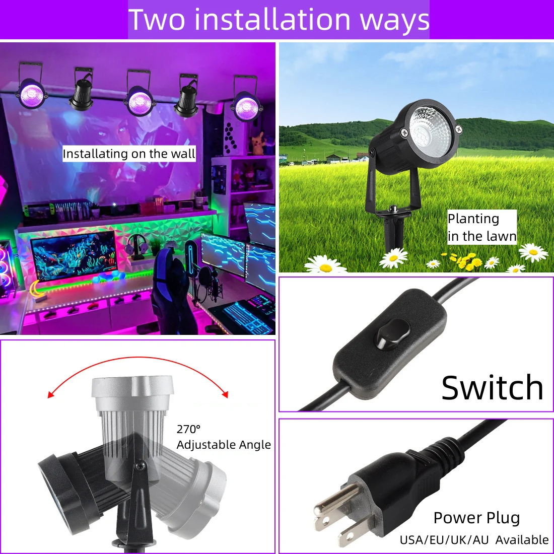 2Pack Black Light 12W AC85-265V IP66 Waterproof UV 395-400nm Purple Led Lights Lawn Light Spotlight for Stage Lighting Glow Party Room Fluorescent All Hallows' Day - Image 4