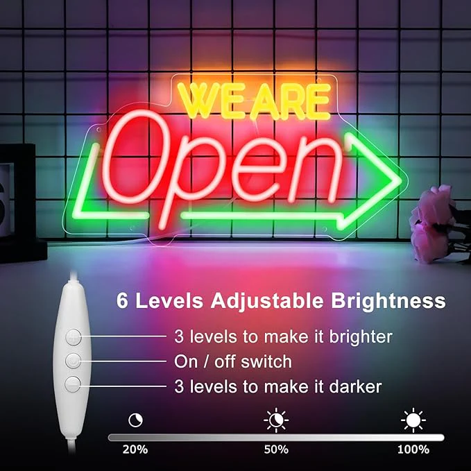 Bright Open Signs for Business, 16.1"X 7.8" Dimmable Open Sign Powered by USB, Red&Green&Yellow Christmas Neon LED Sign, We Are Open Sign for Door Windows - Image 3
