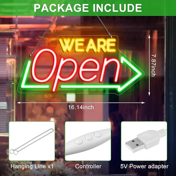 Bright Open Signs for Business, 16.1"X 7.8" Dimmable Open Sign Powered by USB, Red&Green&Yellow Christmas Neon LED Sign, We Are Open Sign for Door Windows - Image 4