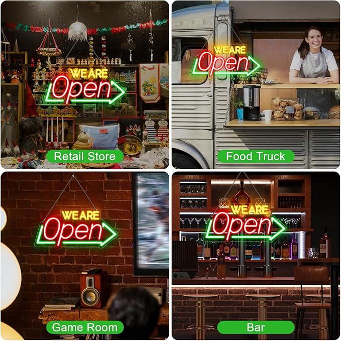 Bright Open Signs for Business, 16.1"X 7.8" Dimmable Open Sign Powered by USB, Red&Green&Yellow Christmas Neon LED Sign, We Are Open Sign for Door Windows - Image 6