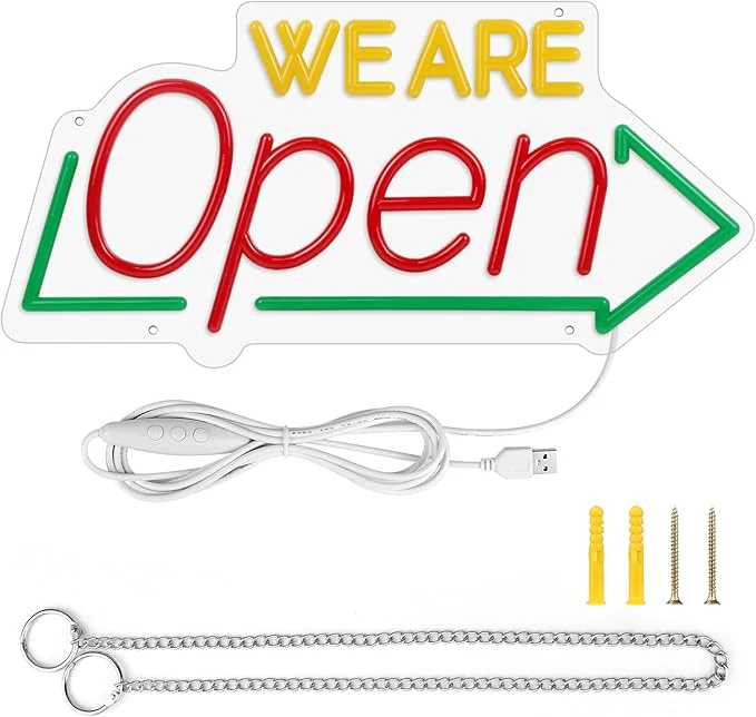 Bright Open Signs for Business, 16.1"X 7.8" Dimmable Open Sign Powered by USB, Red&Green&Yellow Christmas Neon LED Sign, We Are Open Sign for Door Windows - Image 7