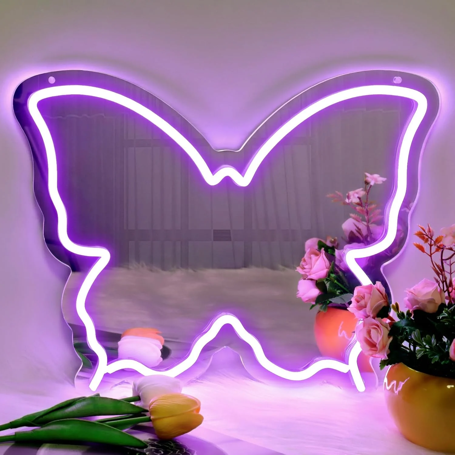 Butterfly Mirror Vanity Sign – 15.7×12 inch | Blue/Ice Blue/Pink/Purple/Warm White Neon Outline | USB Powered | Perfect for Vanity Decor - Image 10