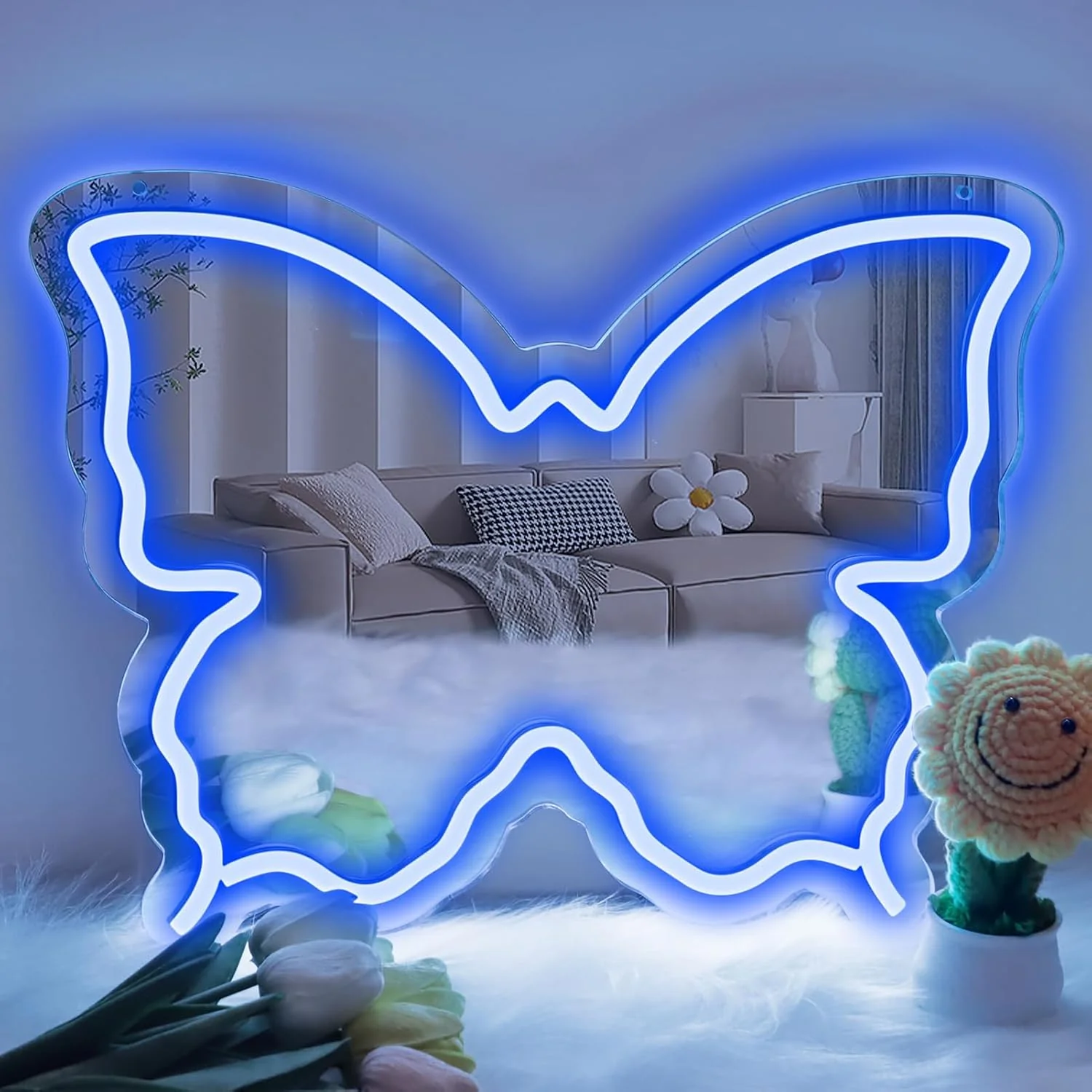 Butterfly Mirror Vanity Sign – 15.7×12 inch | Blue/Ice Blue/Pink/Purple/Warm White Neon Outline | USB Powered | Perfect for Vanity Decor - Image 11
