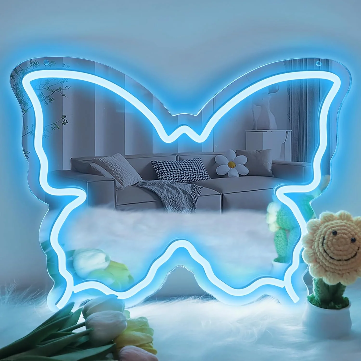 Butterfly Mirror Vanity Sign – 15.7×12 inch | Blue/Ice Blue/Pink/Purple/Warm White Neon Outline | USB Powered | Perfect for Vanity Decor - Image 12