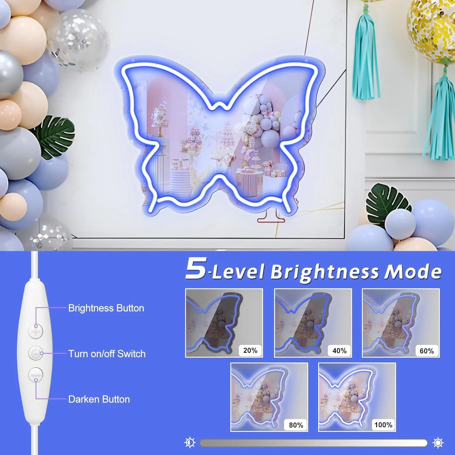 Butterfly Mirror Vanity Sign – 15.7×12 inch | Blue/Ice Blue/Pink/Purple/Warm White Neon Outline | USB Powered | Perfect for Vanity Decor - Image 3