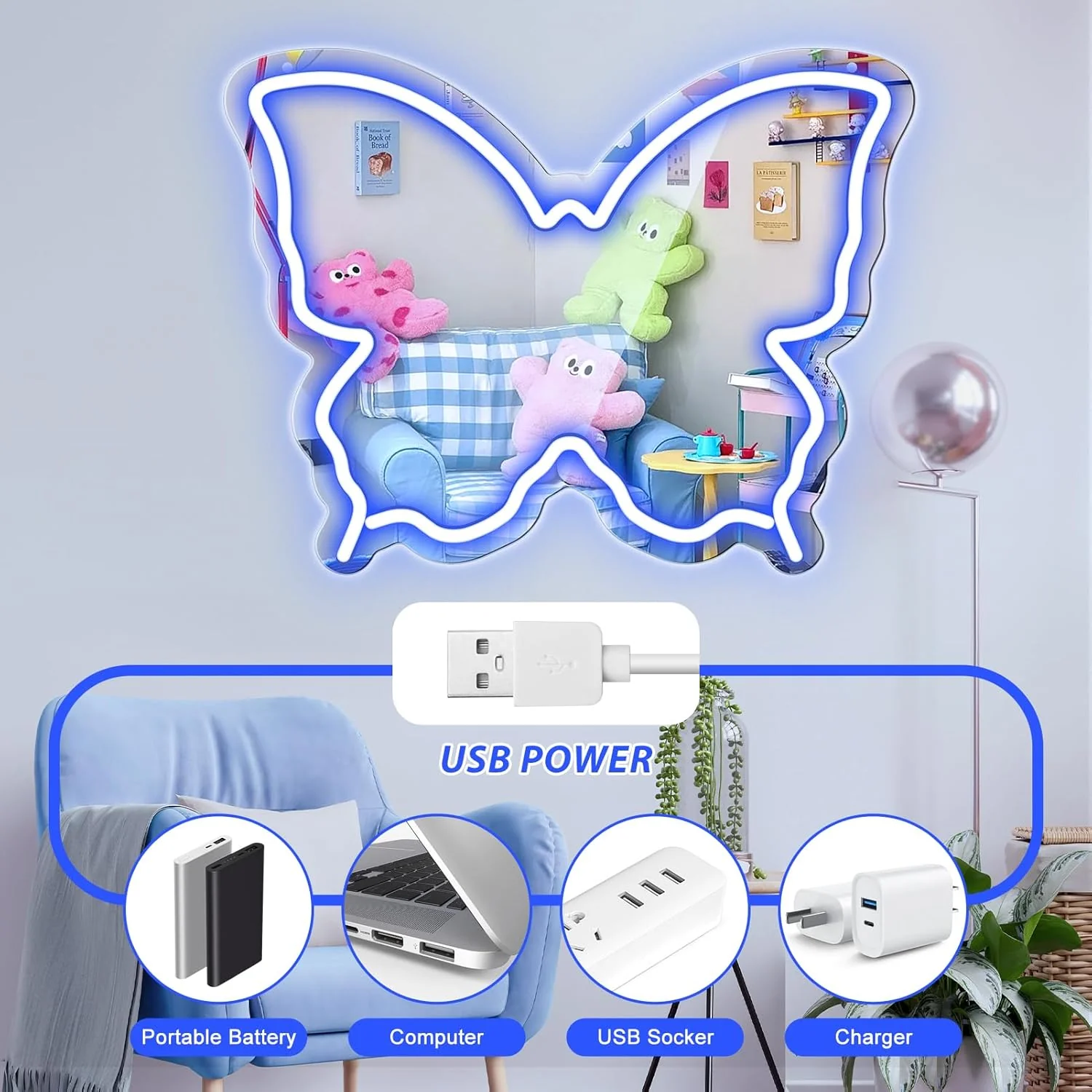 Butterfly Mirror Vanity Sign – 15.7×12 inch | Blue/Ice Blue/Pink/Purple/Warm White Neon Outline | USB Powered | Perfect for Vanity Decor - Image 4