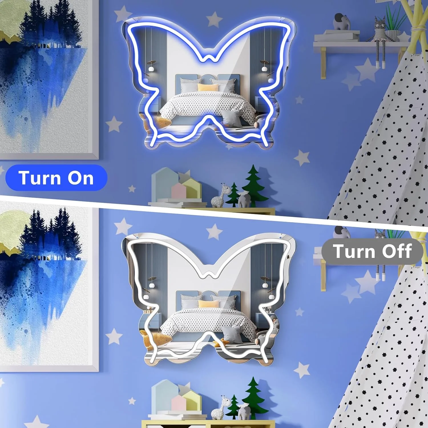 Butterfly Mirror Vanity Sign – 15.7×12 inch | Blue/Ice Blue/Pink/Purple/Warm White Neon Outline | USB Powered | Perfect for Vanity Decor - Image 5
