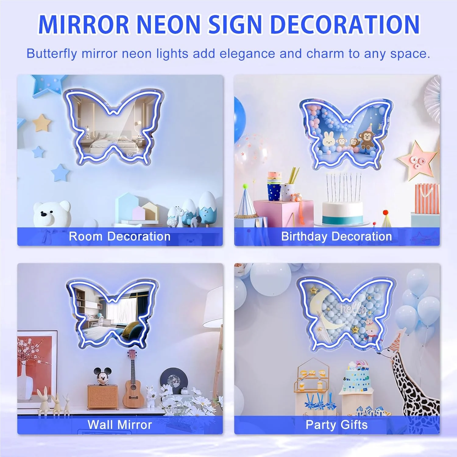 Butterfly Mirror Vanity Sign – 15.7×12 inch | Blue/Ice Blue/Pink/Purple/Warm White Neon Outline | USB Powered | Perfect for Vanity Decor - Image 6
