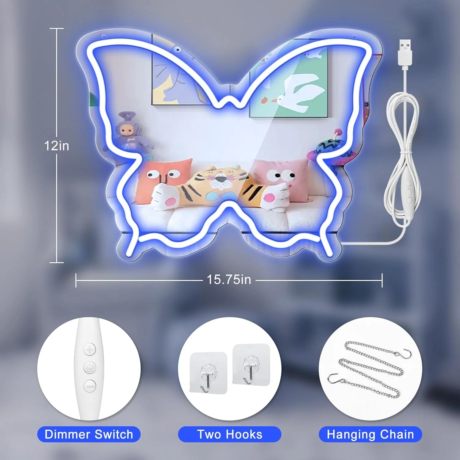 Butterfly Mirror Vanity Sign – 15.7×12 inch | Blue/Ice Blue/Pink/Purple/Warm White Neon Outline | USB Powered | Perfect for Vanity Decor - Image 7